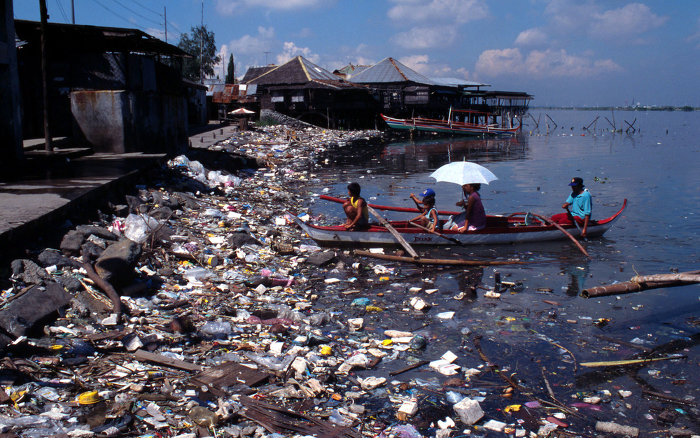 The coasts and ports are often impacted by plastic waste in the Philippines, as this picture from Manila bay shows.